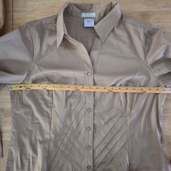 FDJ Blouse 16 Tan Khaki Pin-Tuck Button-Down Minimalist Dark Academia Utility - Picture 13 of 15